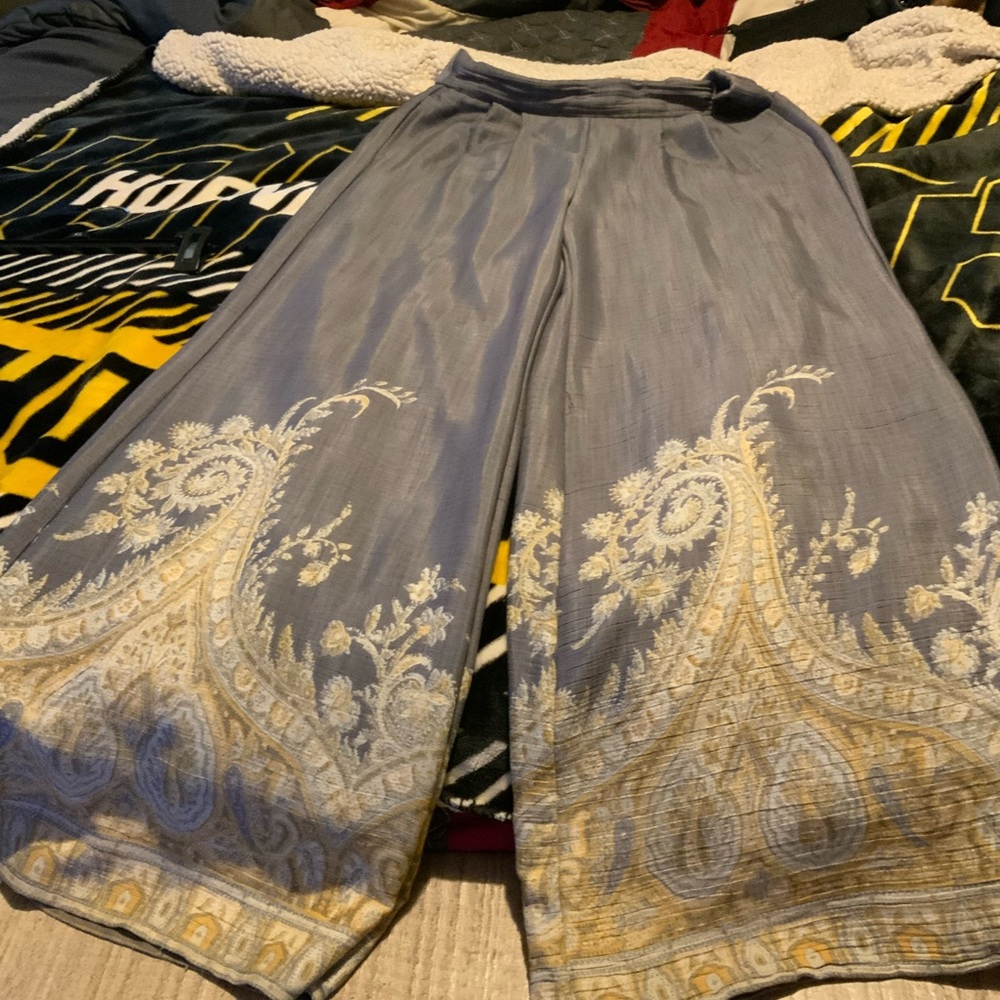 Elegant Gray Wide Leg Pants with Ornate Detailing